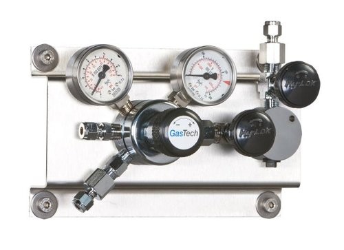 Entspannungsstation, GasTech DRS 1-1, Prüfgase, 0-3,5 bar, mit Eigengasspülung, Messing verchromt